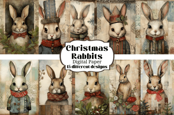 Whimsical Christmas Bunny Junk Journal Backgrounds